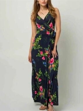 Le Lis Navy Floral Wrap Maxi Dress with Pink & Green Blooms